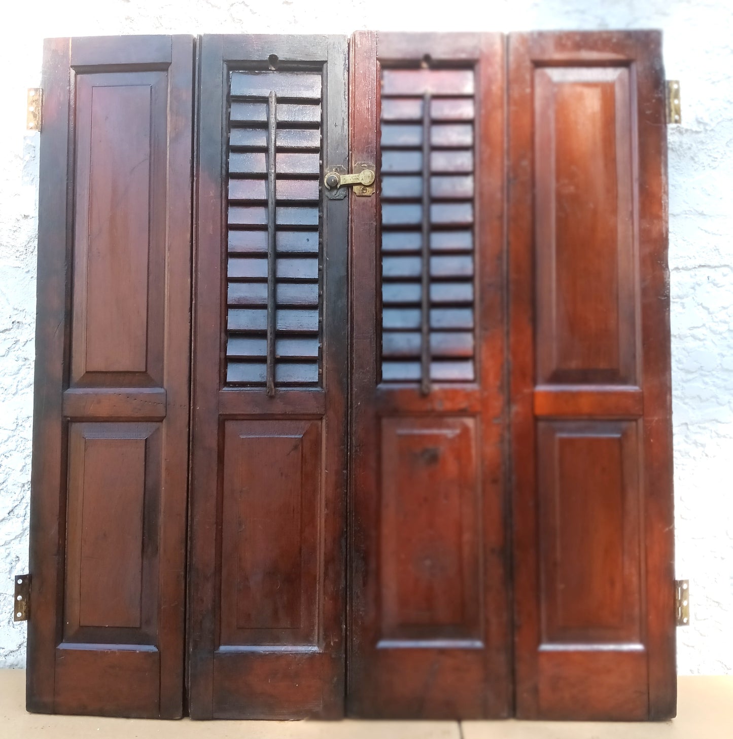 Antique Pair Reclaimed Salvaged Shutter SOLID Wood Wooden Interior Window Bi-fold Shutter 4 Raised Panels Country Rustic Décor -AS IS