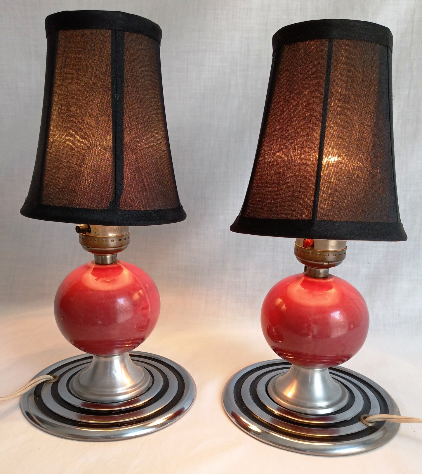 Vintage Set of 2 MCM Space Age Atomic Style Accent Mini Table Lamps Red Orb Ceramic Chrome Finish Base Fabric Lampshade Retro Lighting