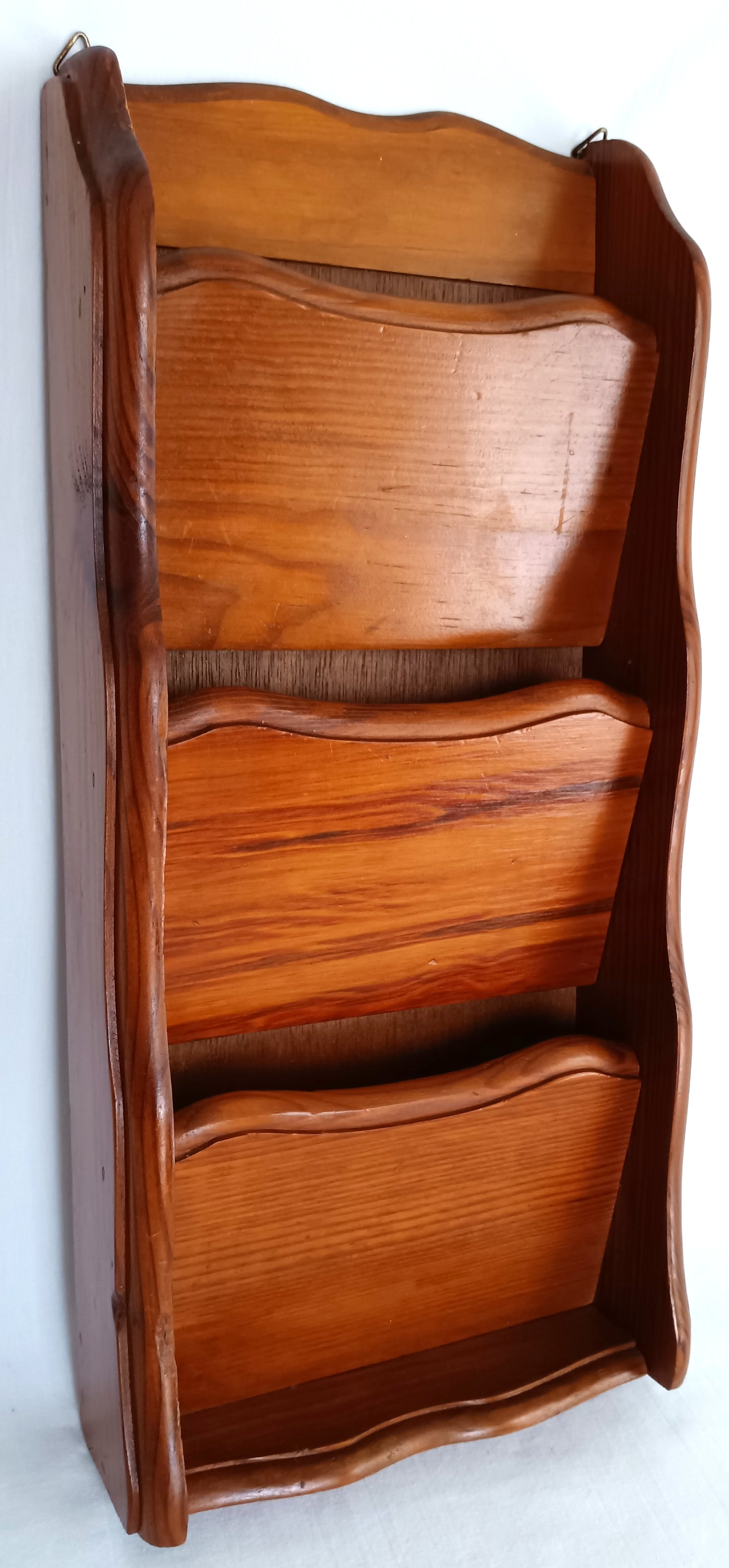 Vintage Kamenstein Wooden Vertical Wall Hanging 3 Tier Letter Mail Organizer Brown Finish Scallop Side Panels-Thailand