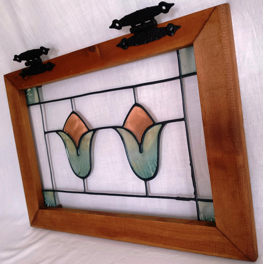 Vintage Arts& Crafts Small Wooden Framed Cabinet Door Window Transom Panel Plexiglas Minimalistic Floral Design Ornate Hinges