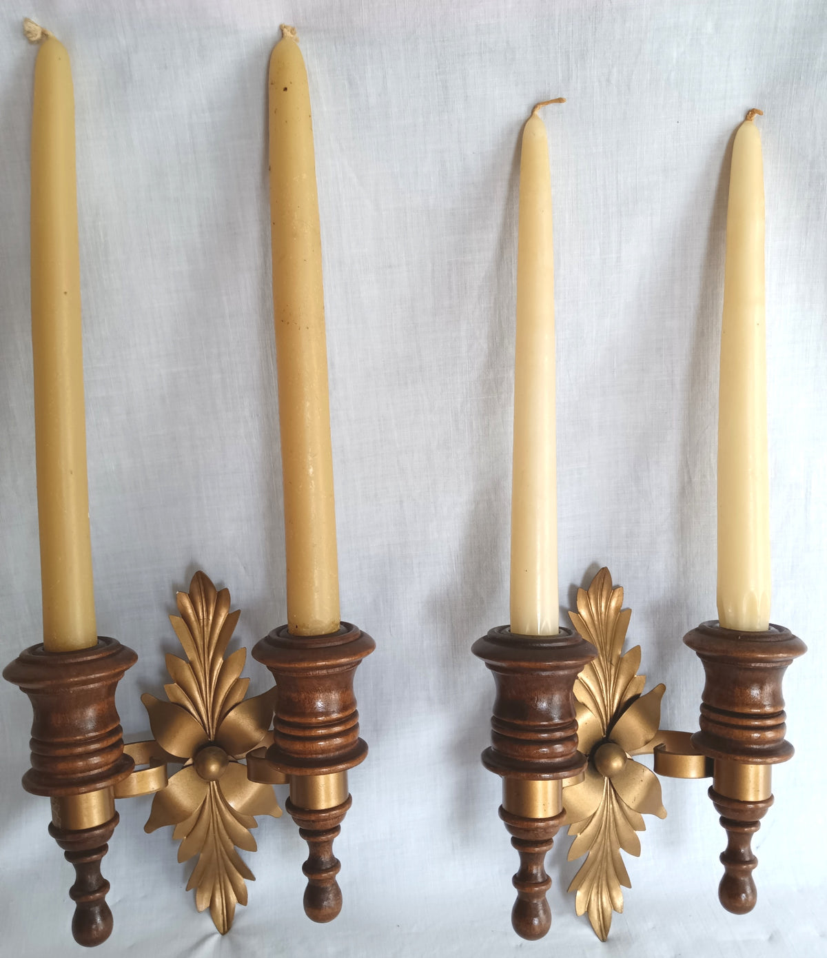 Vintage Wall Mounted Pair Homco Double Candle Holder Sconces Wood Brass Gold Leaf Accent