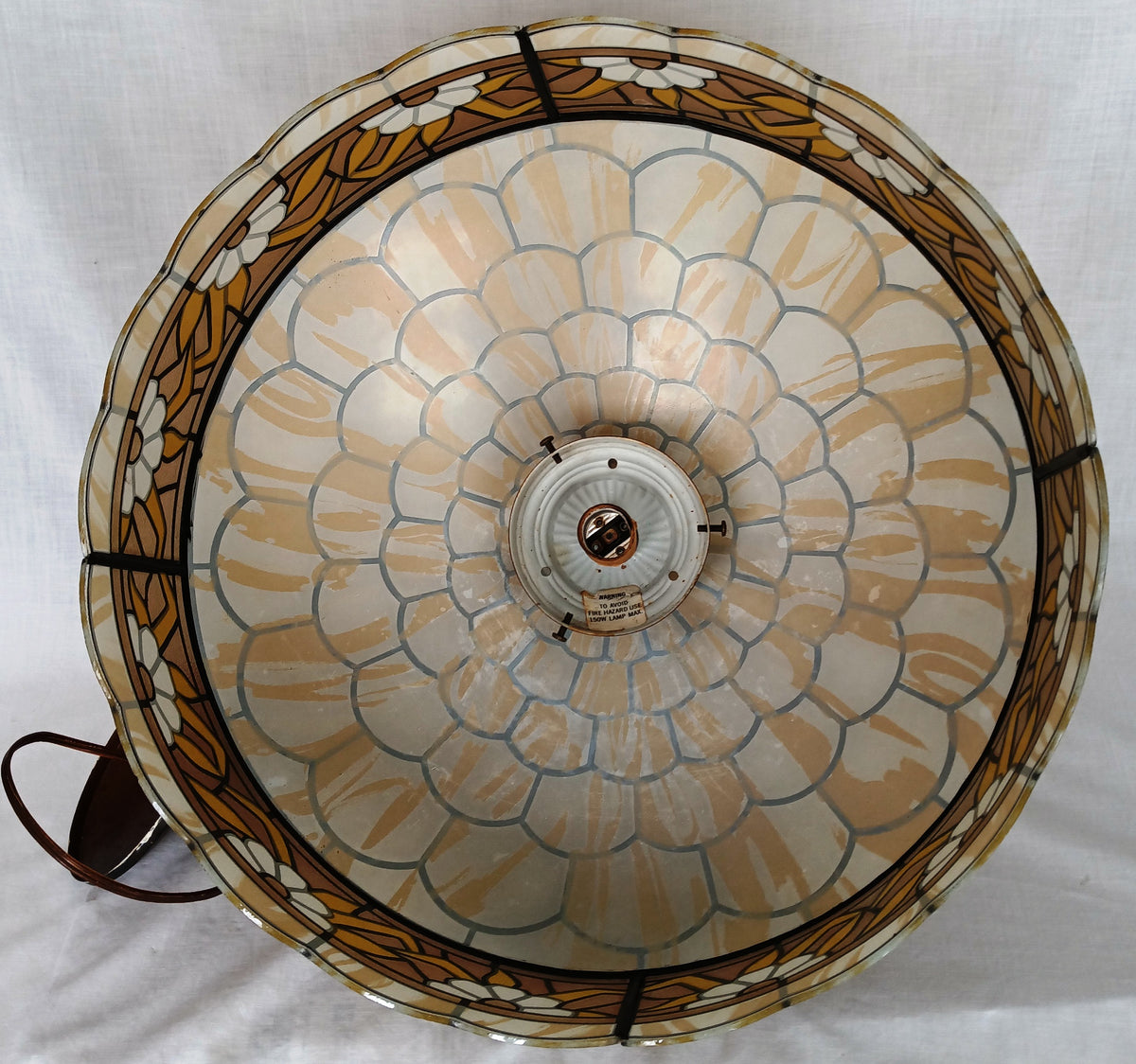 Tiffany Style Hanging Pendant Swag Textured Glass Decal Fish Scale Pattern Floral Milk Glass Globe Iron Chain Canopy