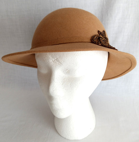 Vintage Wool Felt Bowler Cloche Style Women's Hat Camel Tan Shade Ribbon Band Beaded Decorative Side Accent Small Size -Made in USA
