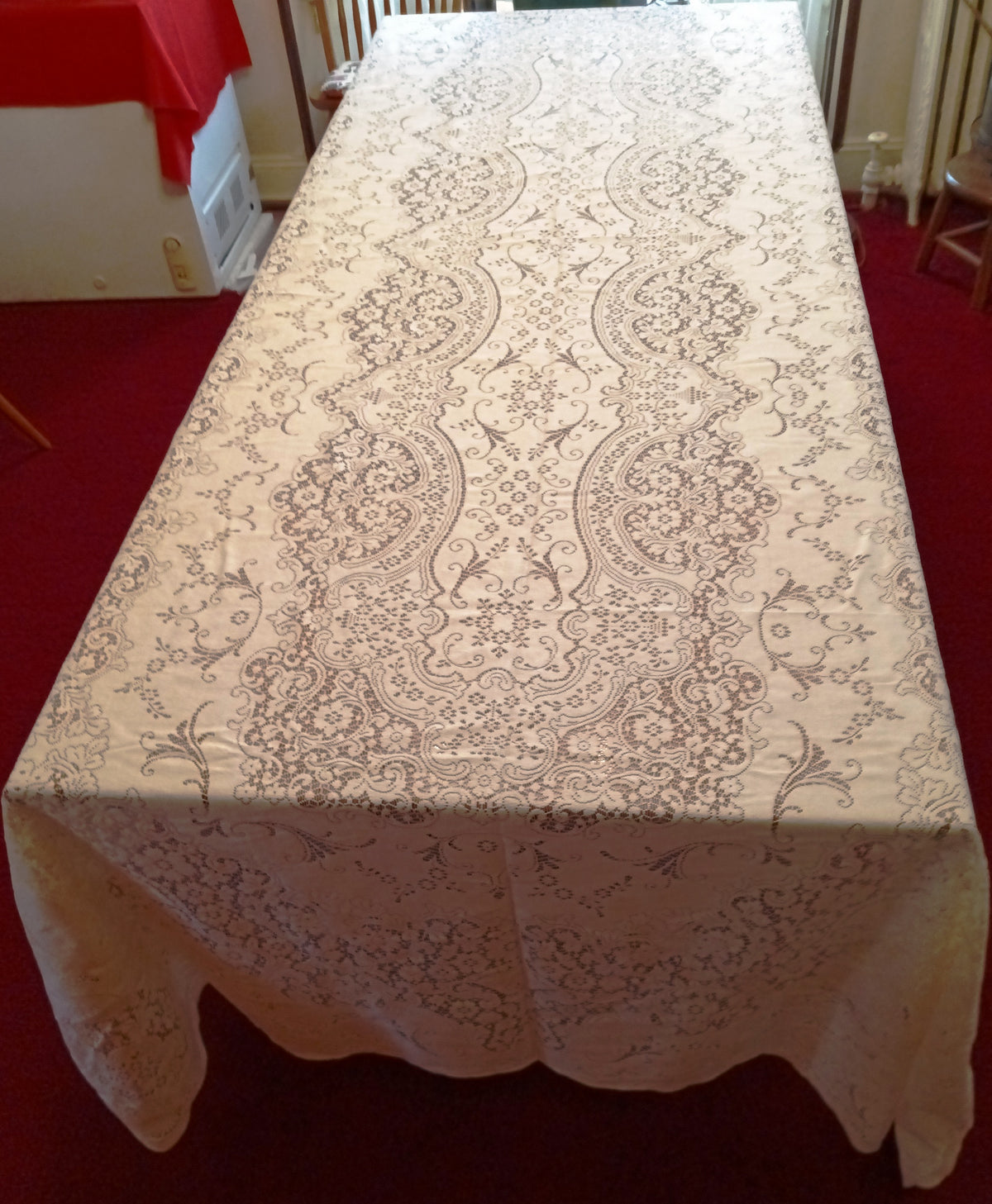 VTG Nottingham Lace Woven Tablecloth Ivory Cotton Black Tie Collection Royal Palace Perma Press Soil Release Extra Long Rectangle 70x144-NIB