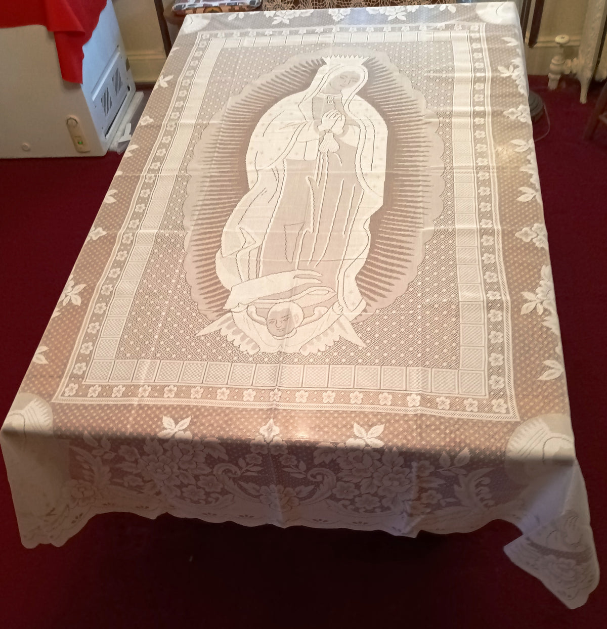 Vintage Interior by Design Our Lady of Guadalupe Scalloped White Lace Tablecloth Catholic Figural Rectangle 60 W x 86 L-NOS-NIP