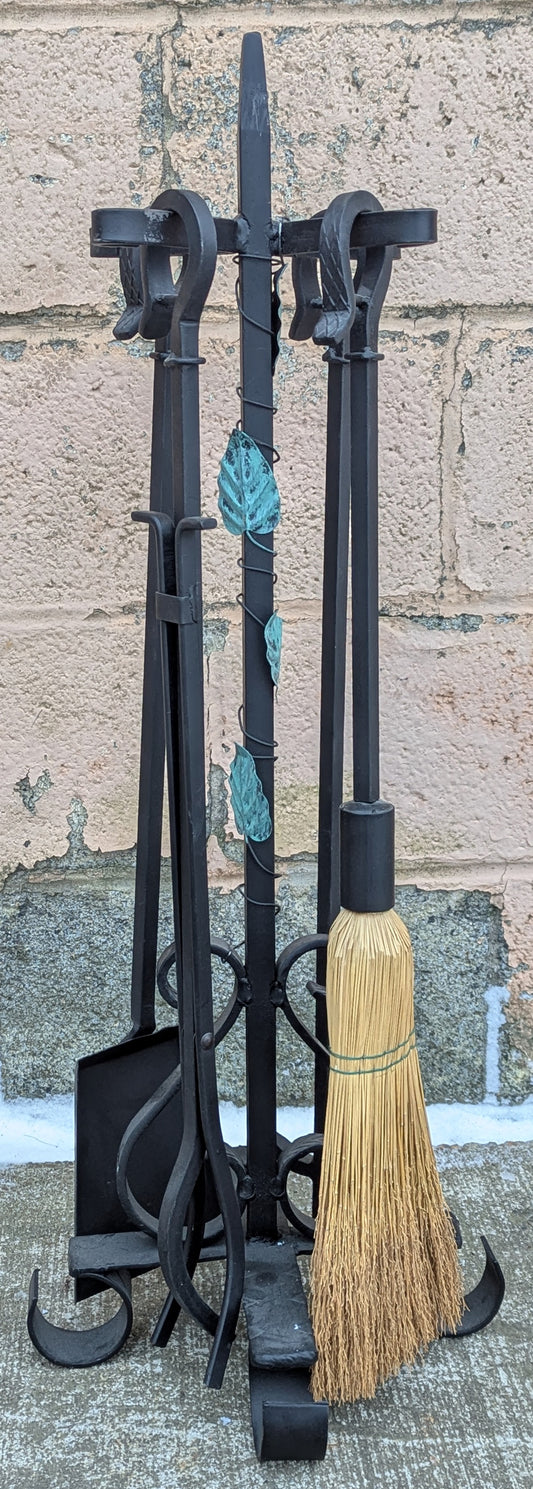 4pc Set Vintage Old Reclaimed Salvaged Metal Cast Iron Steel Fireplace Tools Poker Shovel Tongs Stand Holder