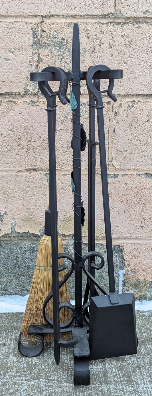 4pc Set Vintage Old Reclaimed Salvaged Metal Cast Iron Steel Fireplace Tools Poker Shovel Tongs Stand Holder