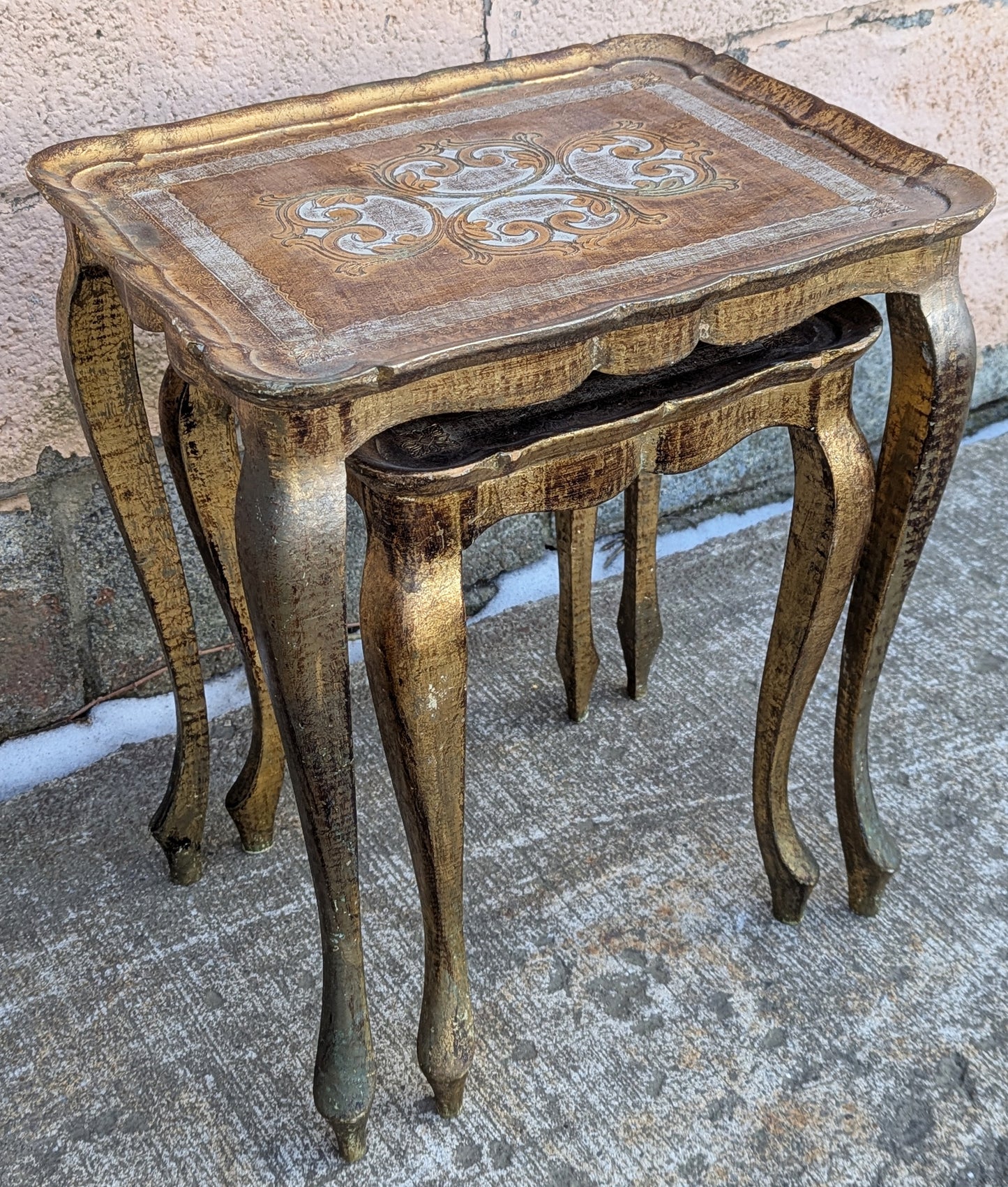 Pair Vintage Antique Old Solid Wood Wooden Gilted Square Nesting Nested Stacked Stackable Side Accent End Tables Stands Set