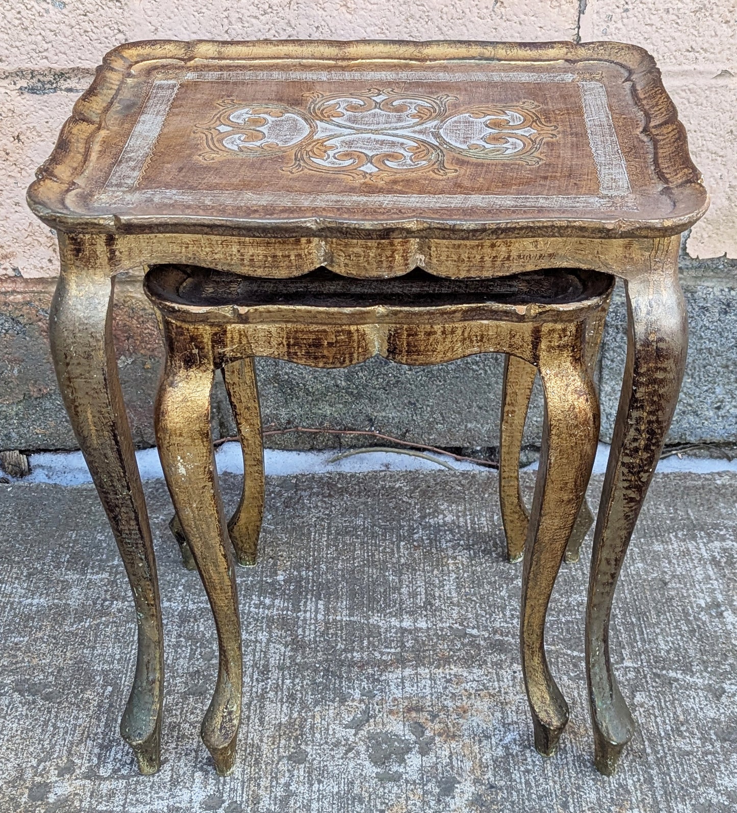 Pair Vintage Antique Old Solid Wood Wooden Gilted Square Nesting Nested Stacked Stackable Side Accent End Tables Stands Set