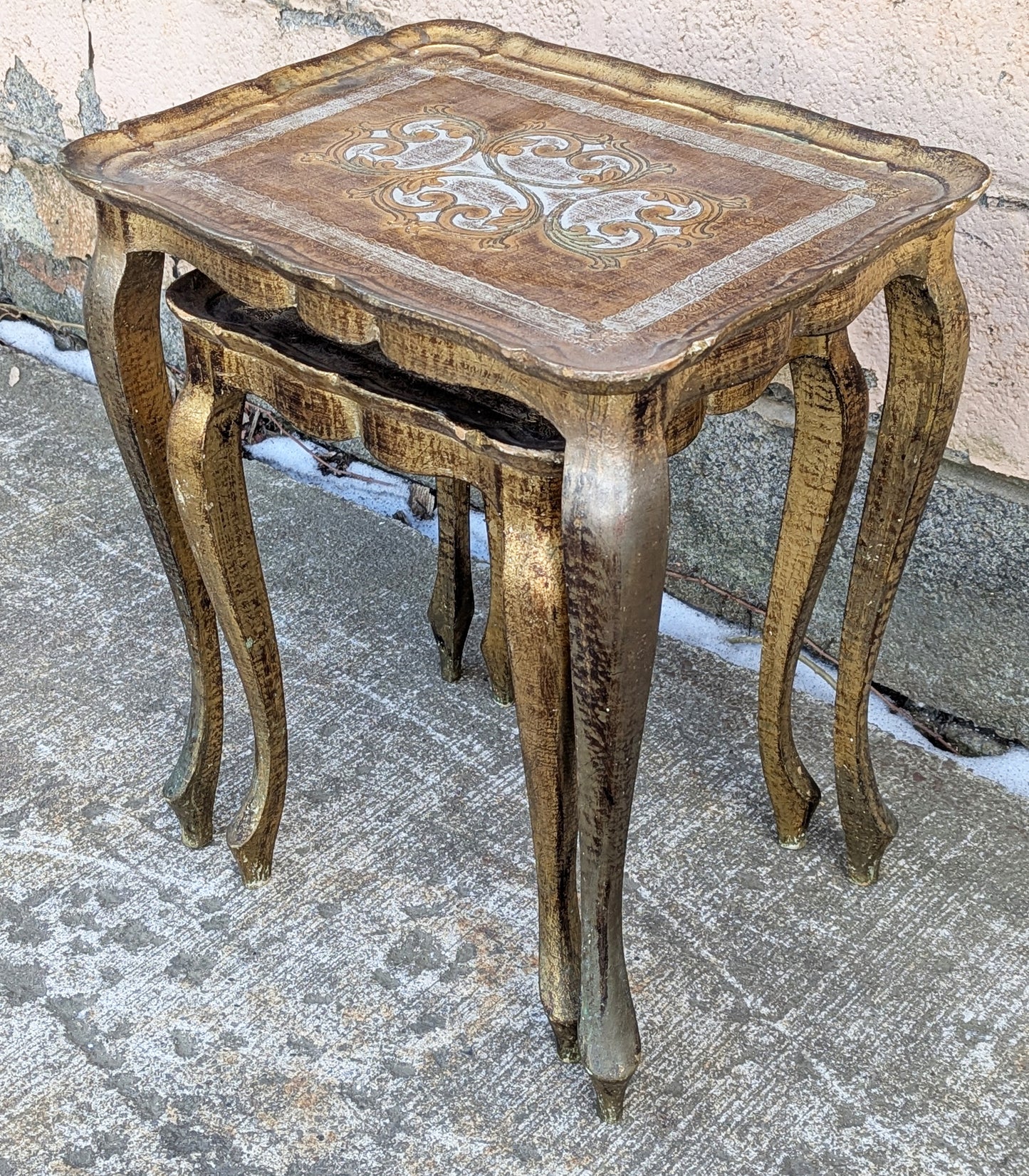 Pair Vintage Antique Old Solid Wood Wooden Gilted Square Nesting Nested Stacked Stackable Side Accent End Tables Stands Set