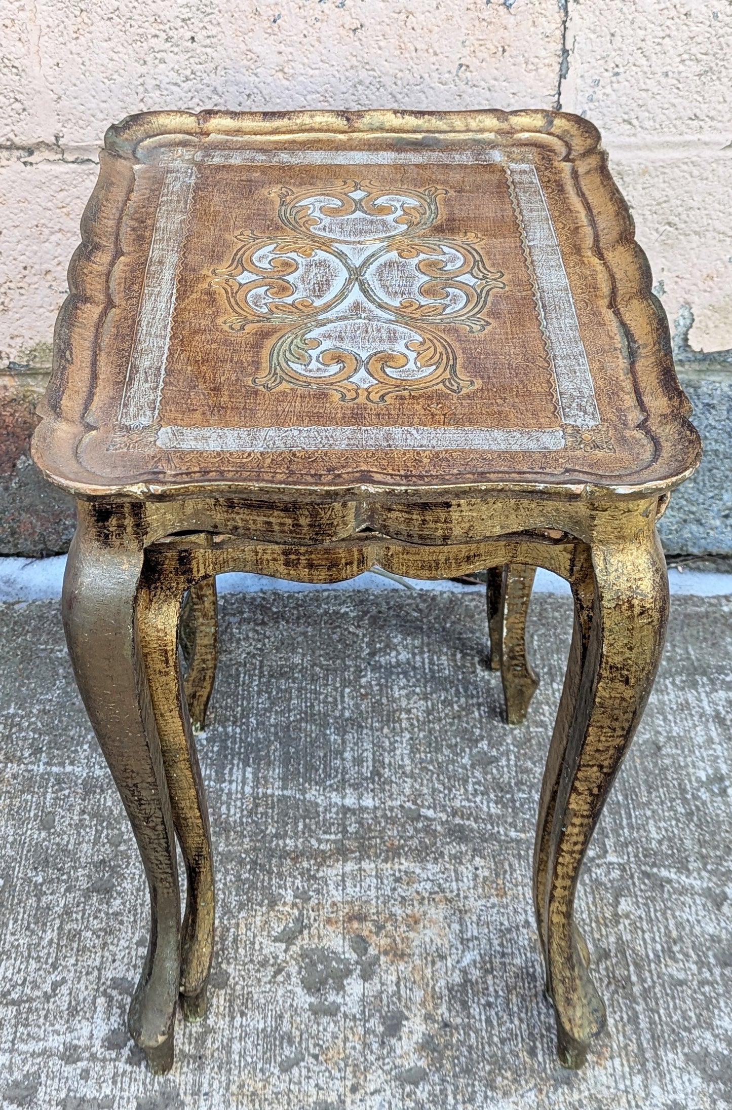 Pair Vintage Antique Old Solid Wood Wooden Gilted Square Nesting Nested Stacked Stackable Side Accent End Tables Stands Set