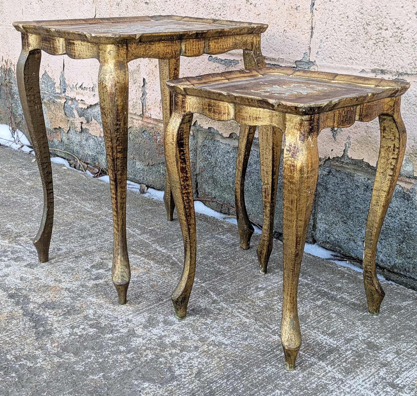 Pair Vintage Antique Old Solid Wood Wooden Gilted Square Nesting Nested Stacked Stackable Side Accent End Tables Stands Set