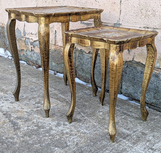 Pair Vintage Antique Old Solid Wood Wooden Gilted Square Nesting Nested Stacked Stackable Side Accent End Tables Stands Set