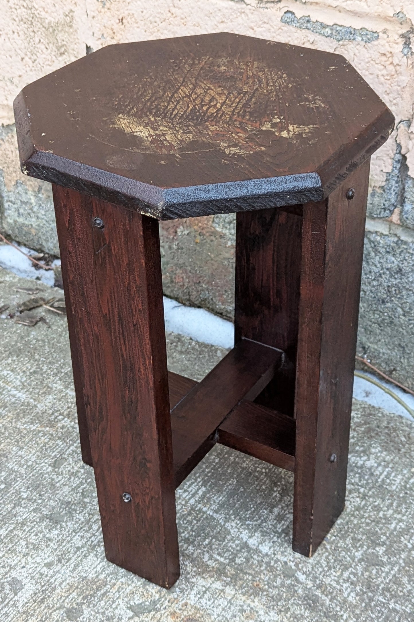 Antique Vintage Old Solid Cypress Wood Wooden Octagon Octagonal Lamp End Side Accent Table Plant Stand Stool Arts & Crafts Mission Style