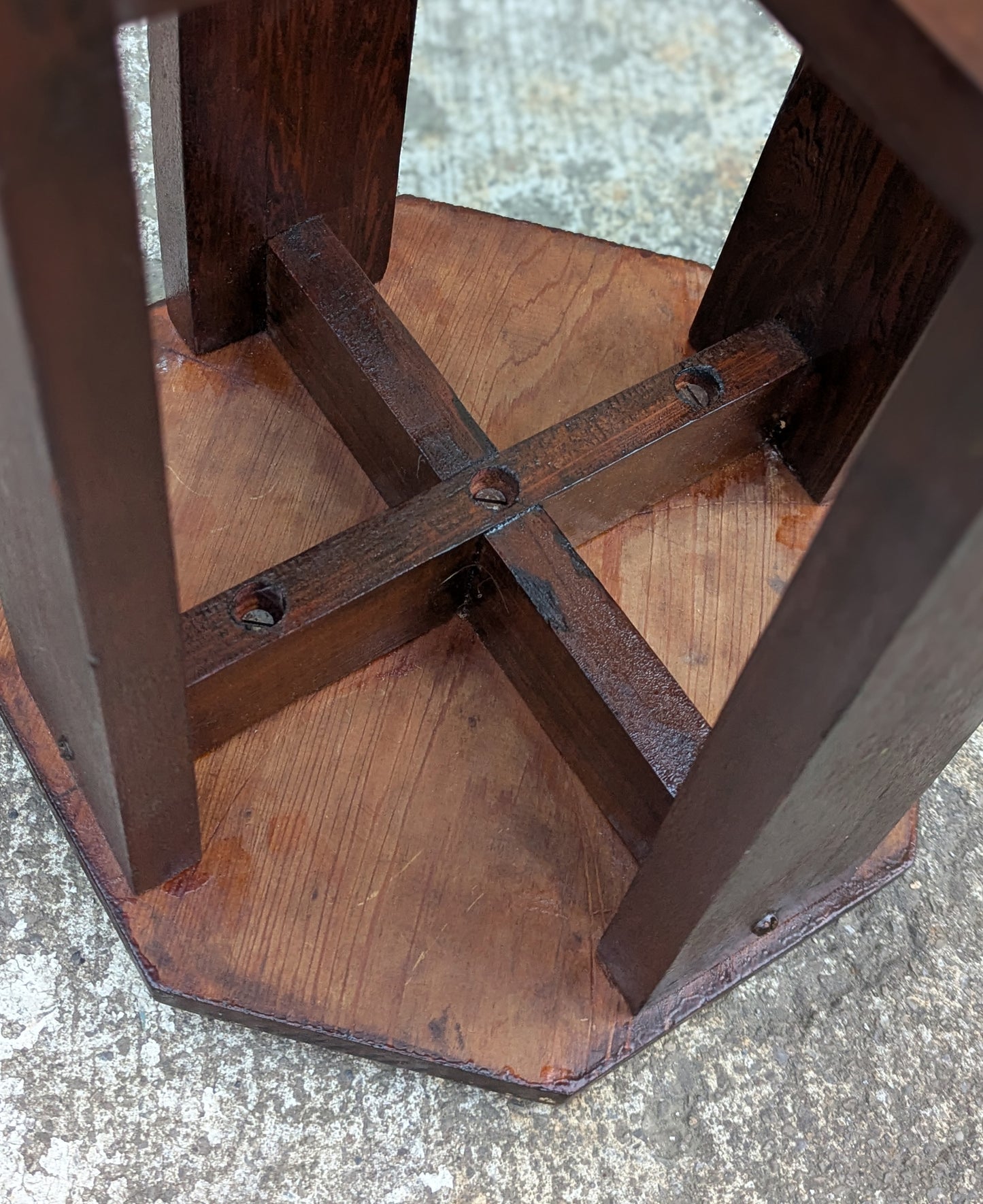 Antique Vintage Old Solid Cypress Wood Wooden Octagon Octagonal Lamp End Side Accent Table Plant Stand Stool Arts & Crafts Mission Style