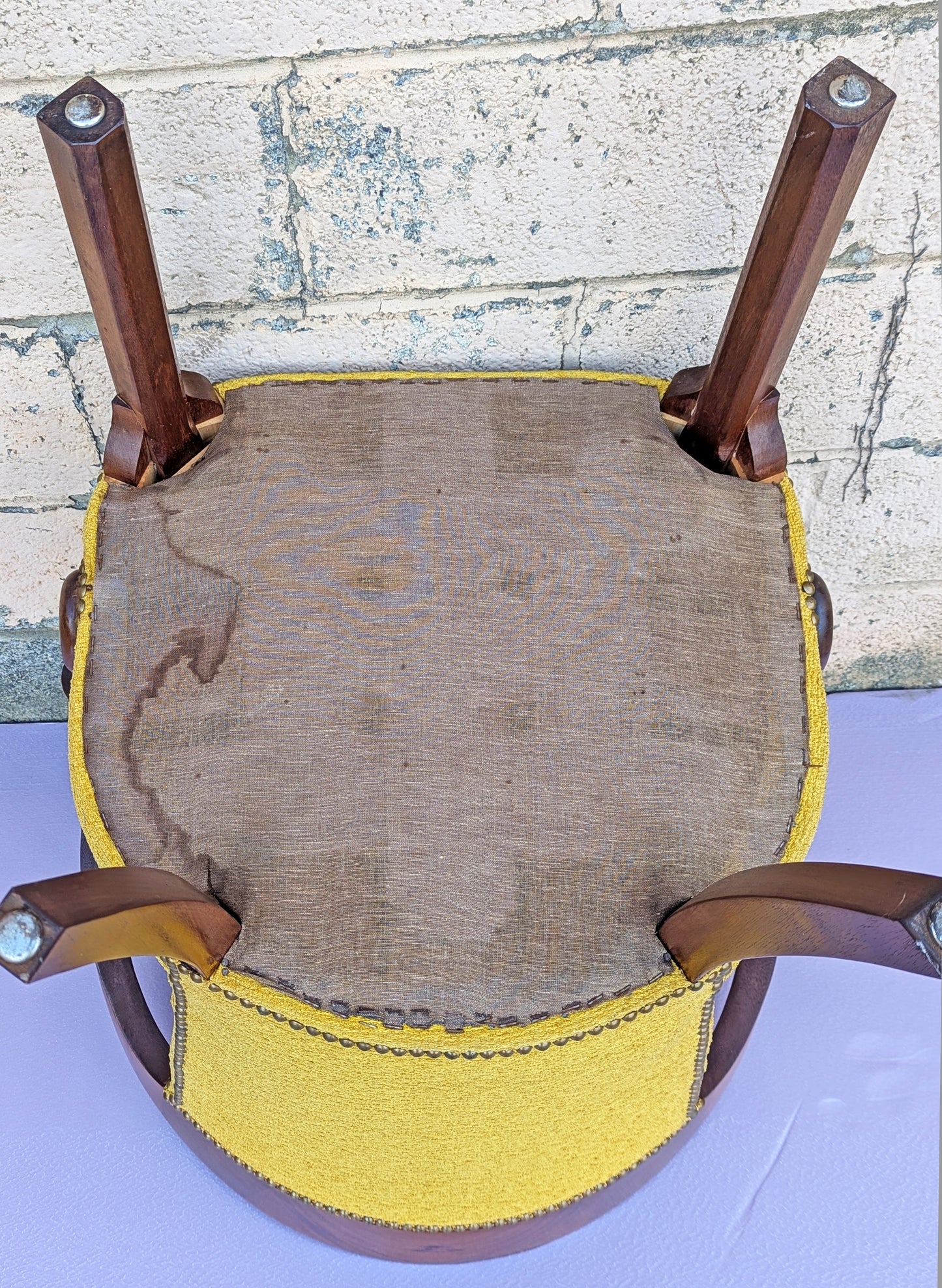 Vintage Old Solid Mahogany Wood Wooden Side Dining Lounge Accent Chair Arm Armchair Armrest Upholstered Upholstery Fabric Seat Bergerie