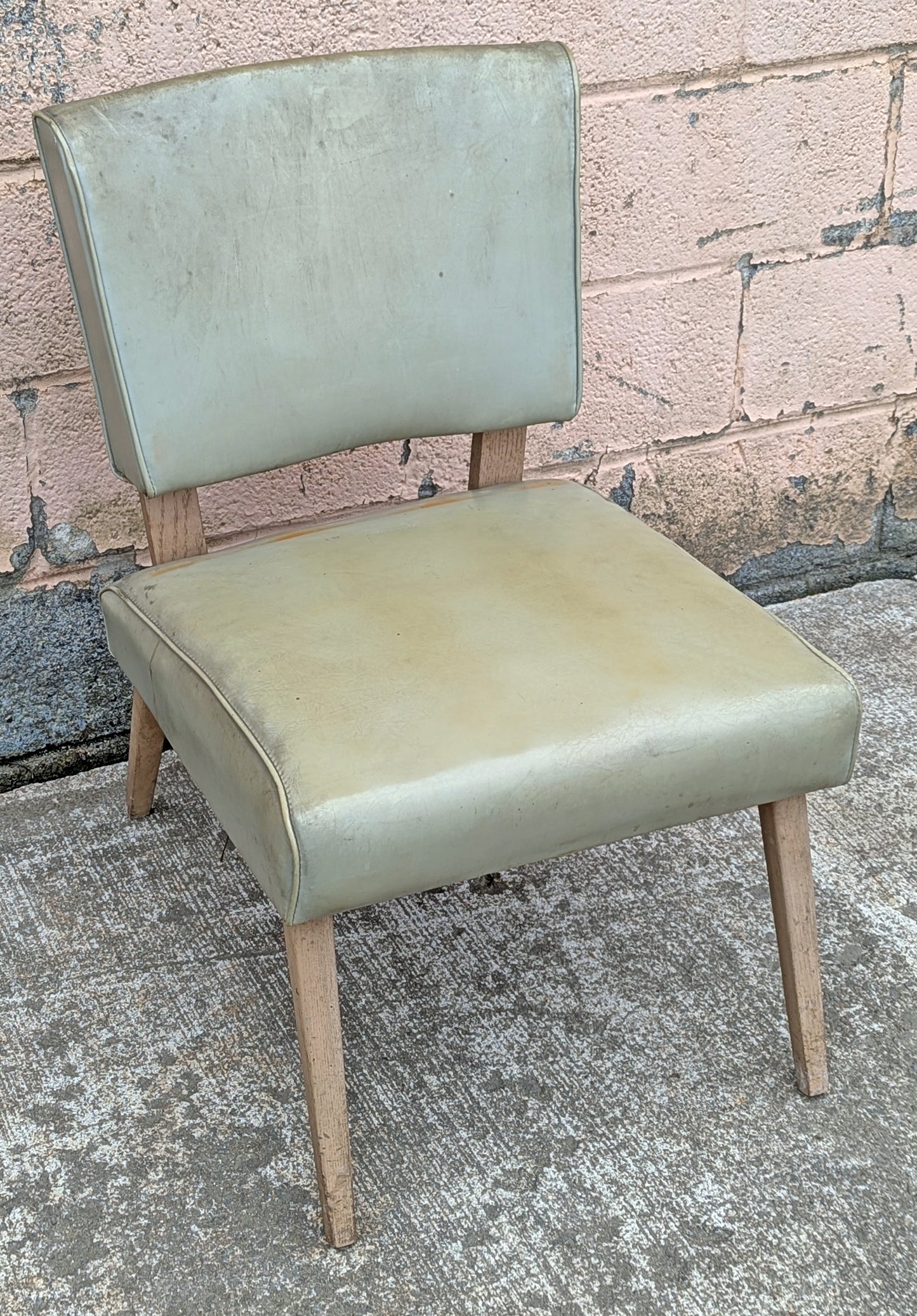 Antique Vintage Mid-Century Modern SOLID Oak Wood Wooden Side Dining Lounge Accent Chair Upholstered Vinyl Fabric Seat