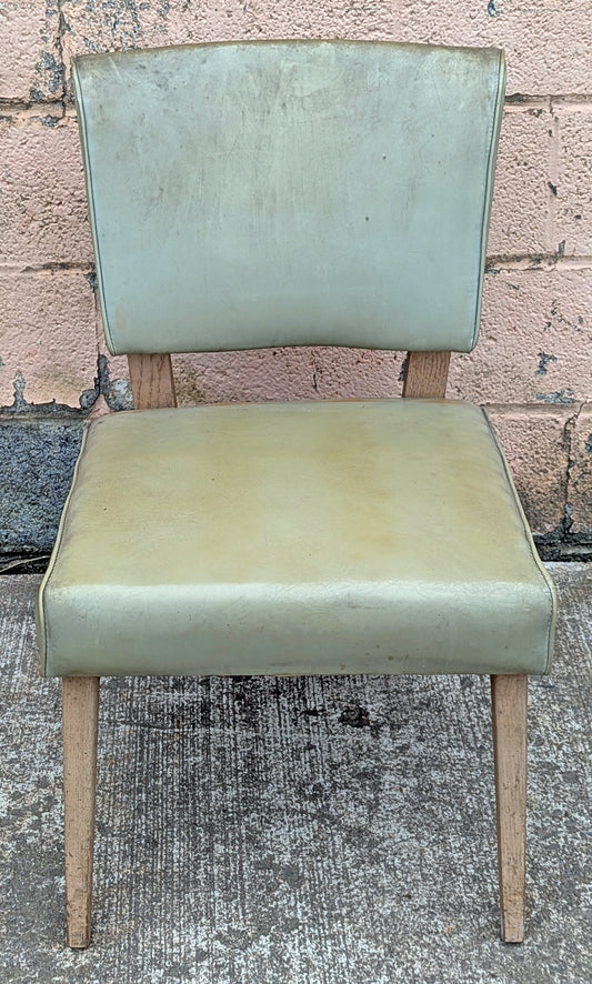 Antique Vintage Mid-Century Modern SOLID Oak Wood Wooden Side Dining Lounge Accent Chair Upholstered Vinyl Fabric Seat