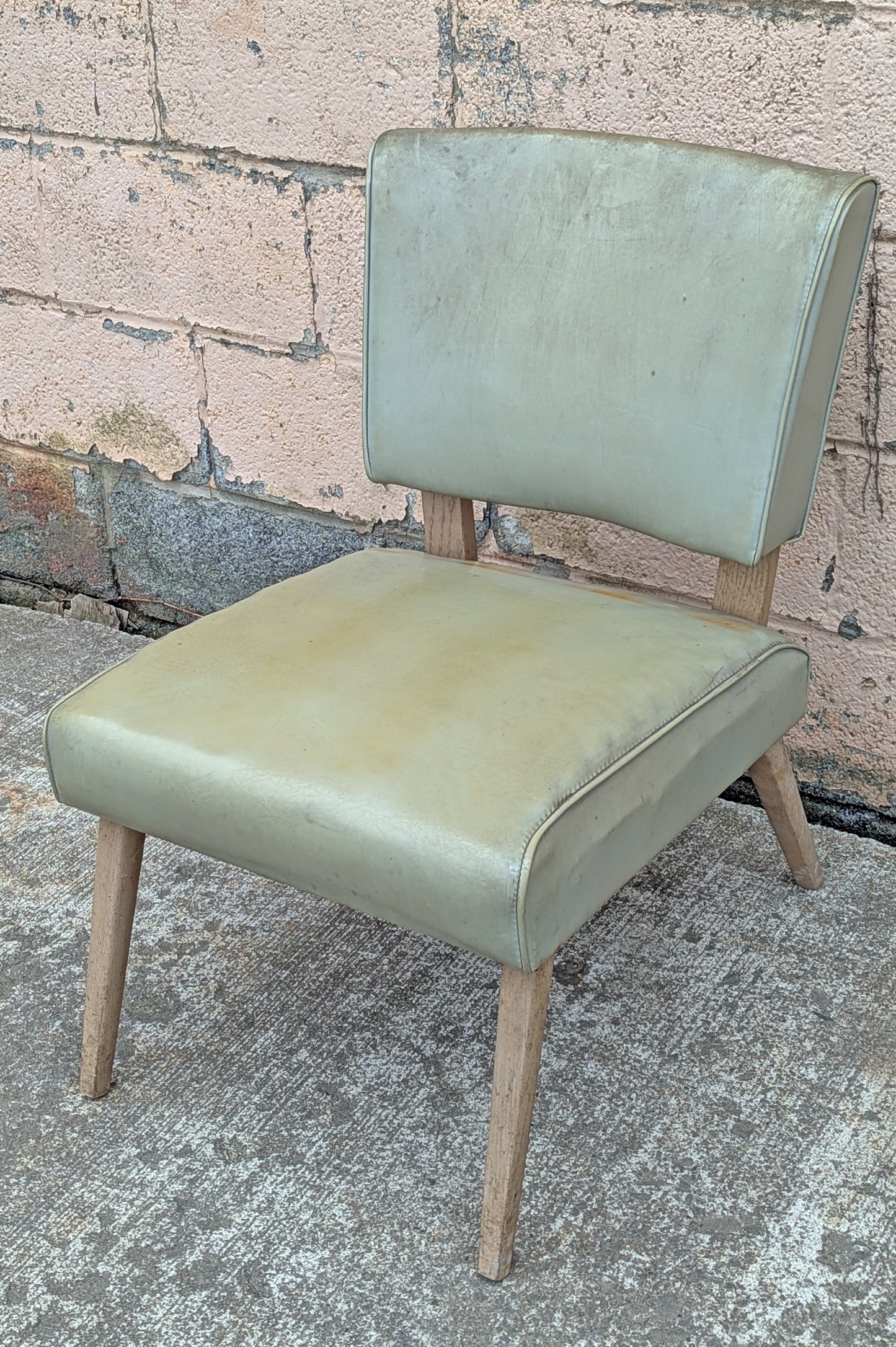 Antique Vintage Mid-Century Modern SOLID Oak Wood Wooden Side Dining Lounge Accent Chair Upholstered Vinyl Fabric Seat