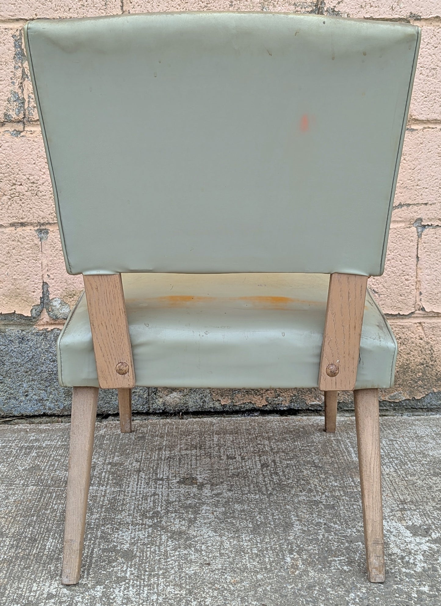 Antique Vintage Mid-Century Modern SOLID Oak Wood Wooden Side Dining Lounge Accent Chair Upholstered Vinyl Fabric Seat