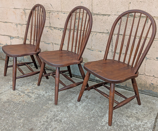 Set of 3 Vintage Antique Reclaimed Salvaged Old Solid Hardwood Wood Wooden Spindle Brace Back Side Windsor Braced Dining Accent Chairs