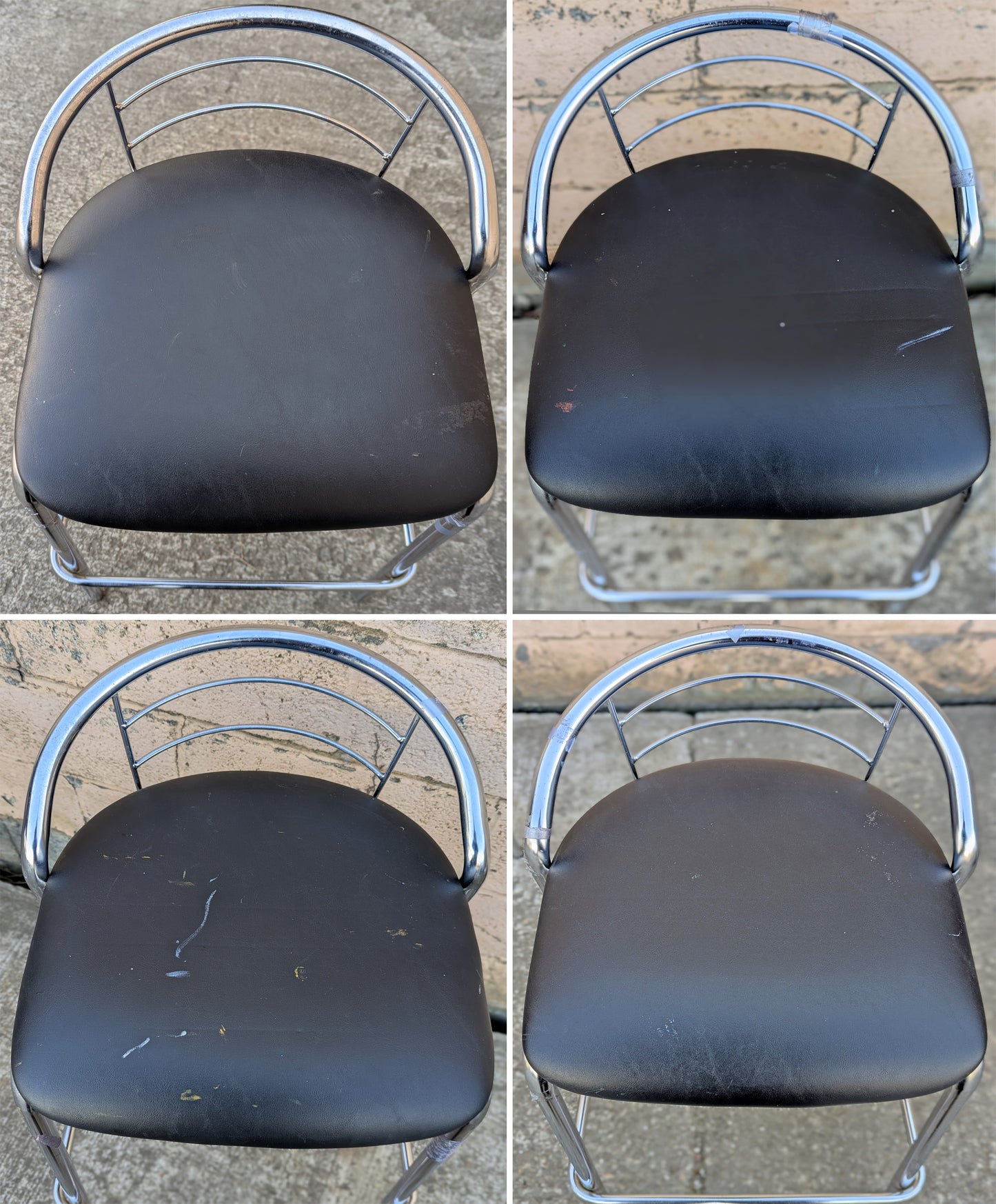 Set of 4 Vintage Old Reclaimed Salvaged Stackable Stacking Modern Chrome Counter Bar Dining Chairs Seat Stool Vinyl Upholstery Fabric