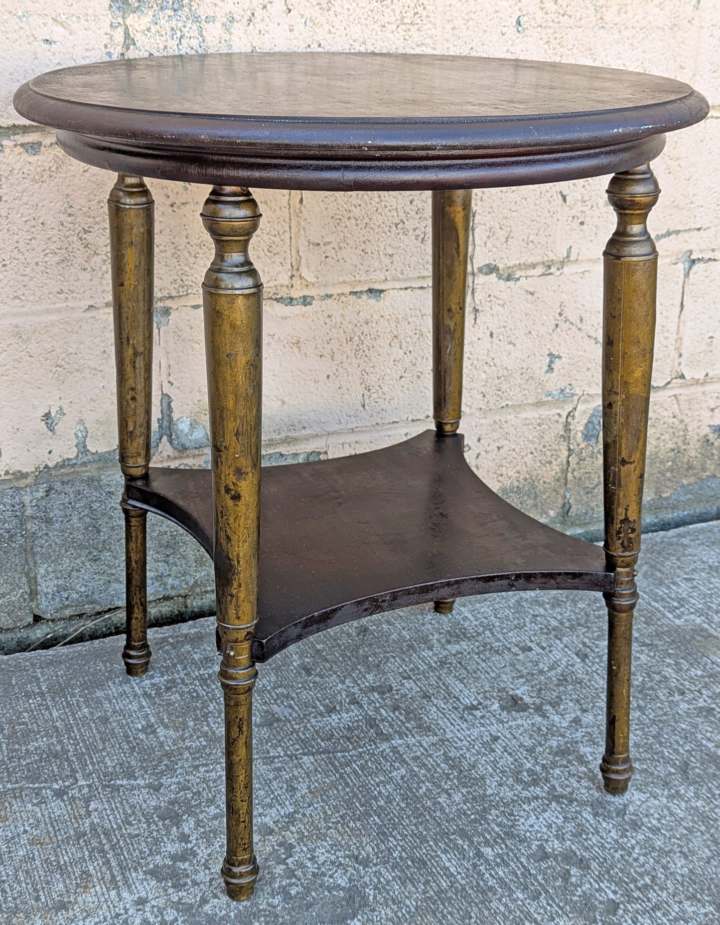 Antique Vintage Old Reclaimed Salvaged Distressed French Empire Style Mahogany Wood Wooden Brass Metal Gueirdon Circular Side Foyer Accent End Hall Table