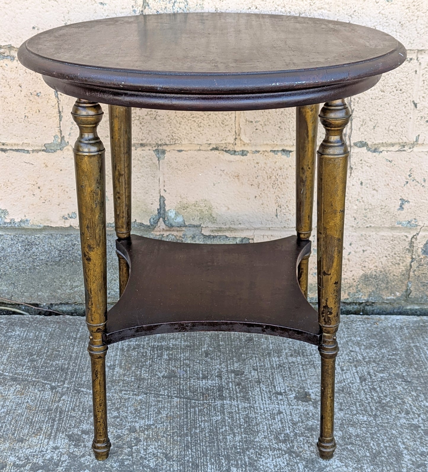 Antique Vintage Old Reclaimed Salvaged Distressed French Empire Style Mahogany Wood Wooden Brass Metal Gueirdon Circular Side Foyer Accent End Hall Table