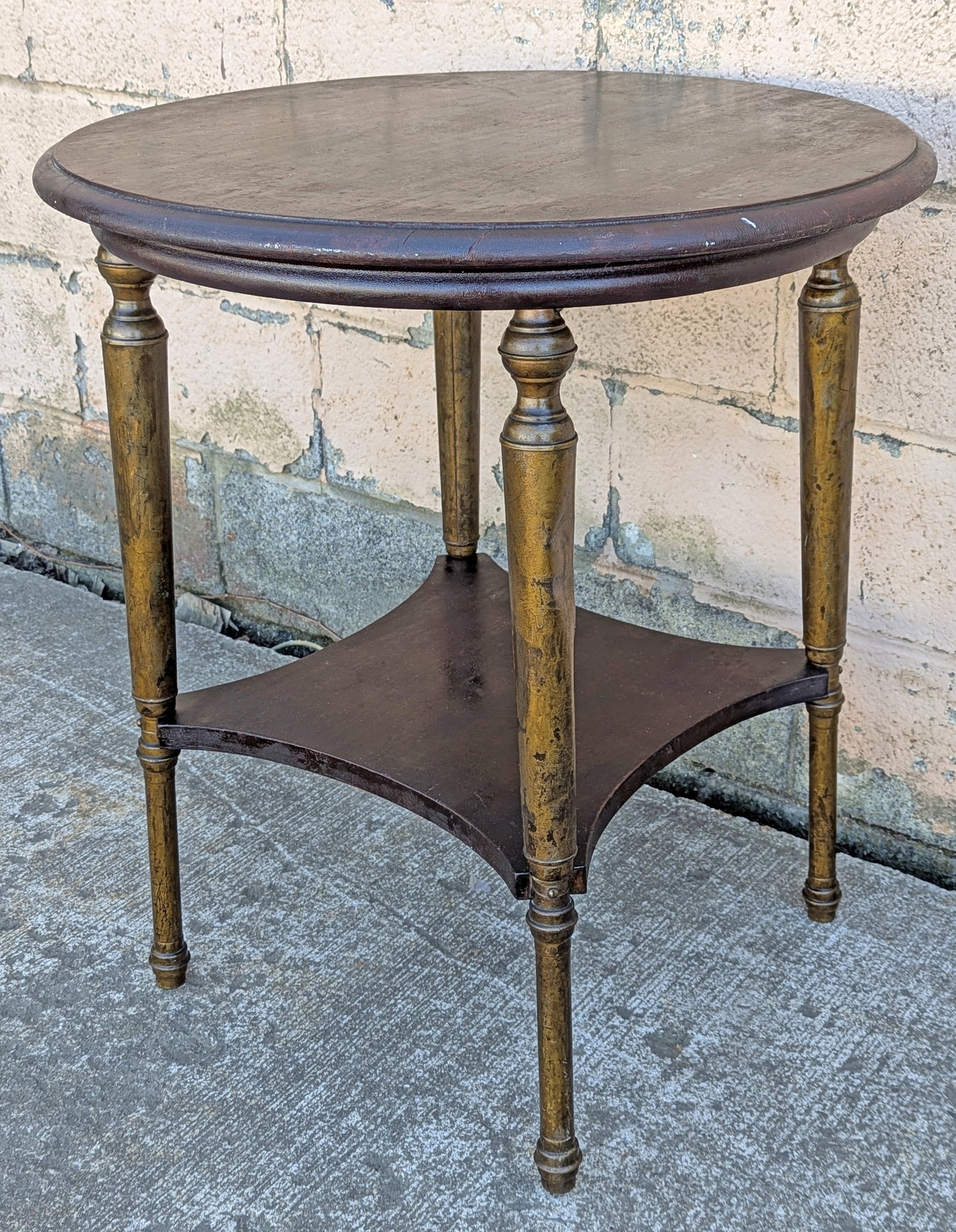 Antique Vintage Old Reclaimed Salvaged Distressed French Empire Style Mahogany Wood Wooden Brass Metal Gueirdon Circular Side Foyer Accent End Hall Table
