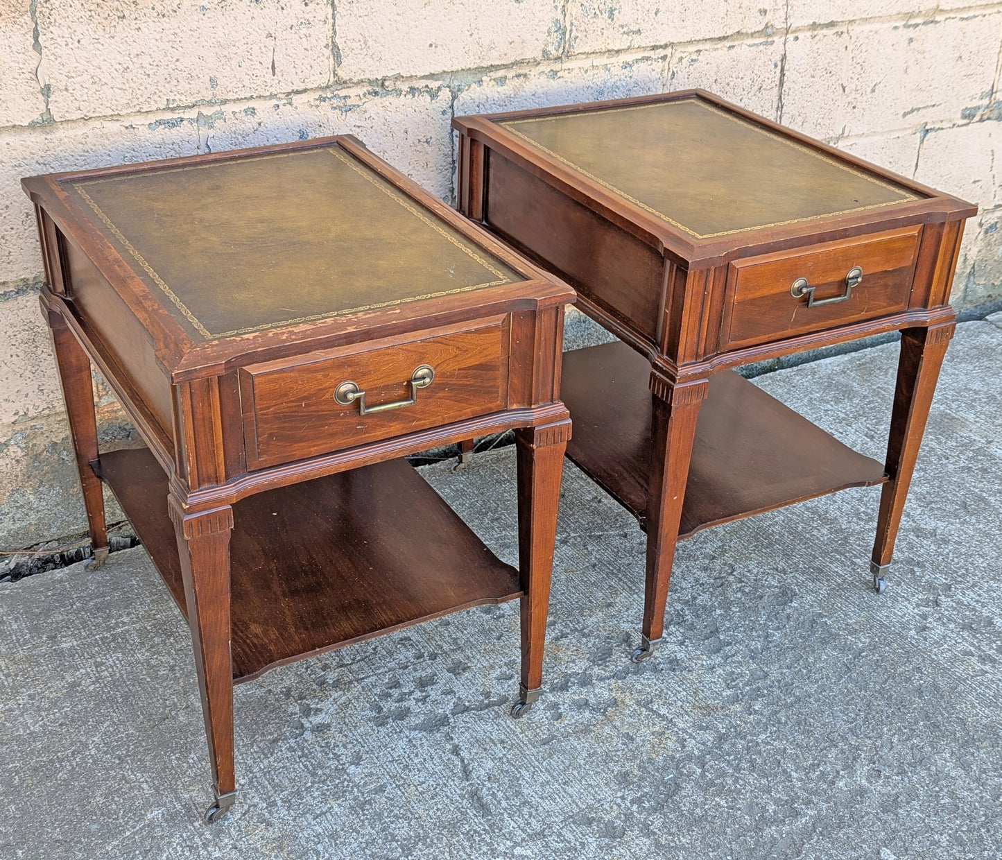 Pair Vintage Antique Old Reclaimed Salvaged SOLID Hard Wood Wooden Leather Top Drawer End Side Bed Table Nightstand Nightshelf Stand