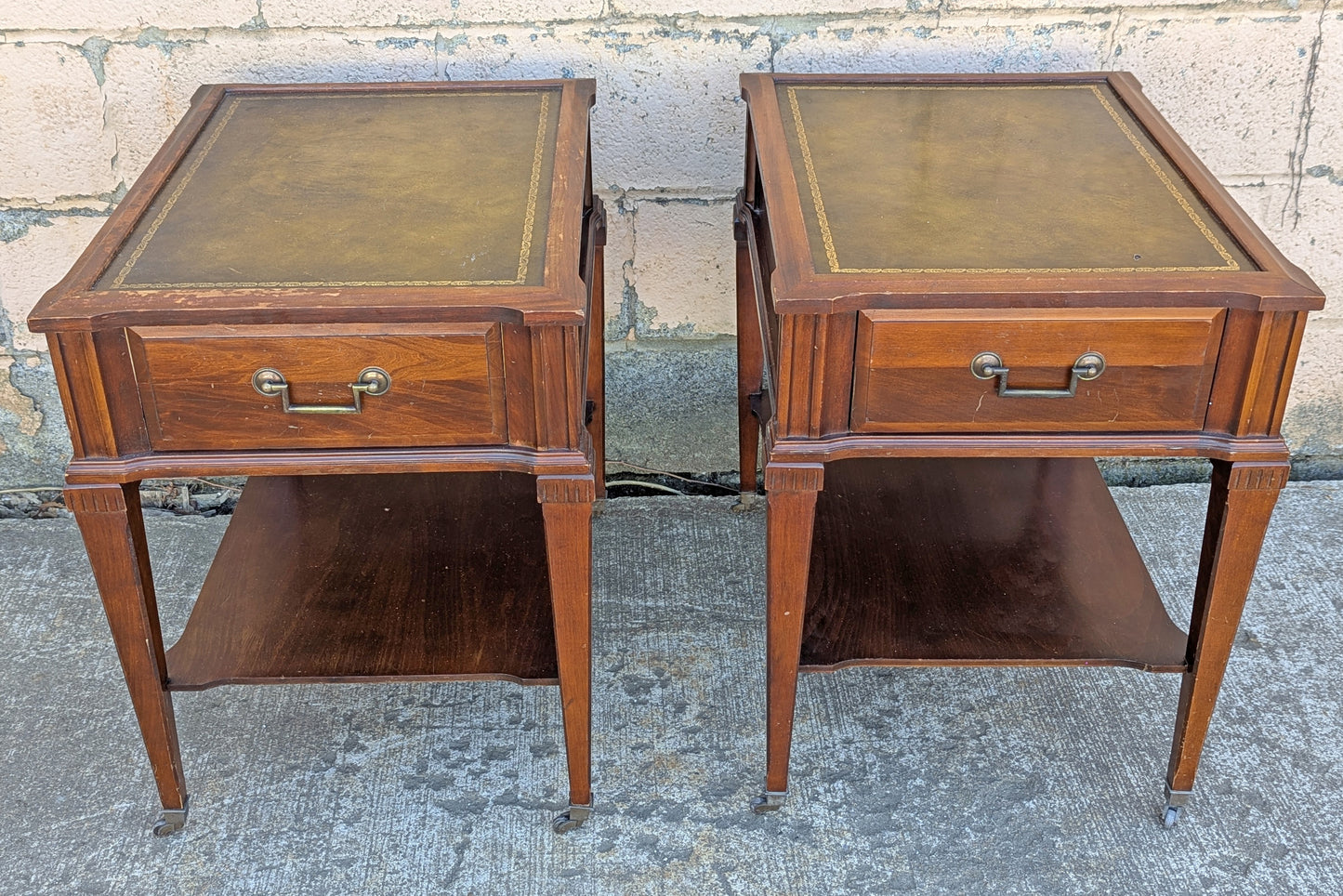 Pair Vintage Antique Old Reclaimed Salvaged SOLID Hard Wood Wooden Leather Top Drawer End Side Bed Table Nightstand Nightshelf Stand