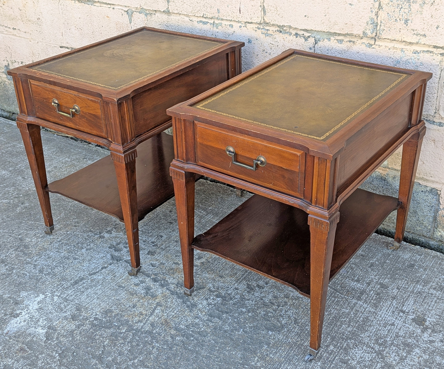 Pair Vintage Antique Old Reclaimed Salvaged SOLID Hard Wood Wooden Leather Top Drawer End Side Bed Table Nightstand Nightshelf Stand