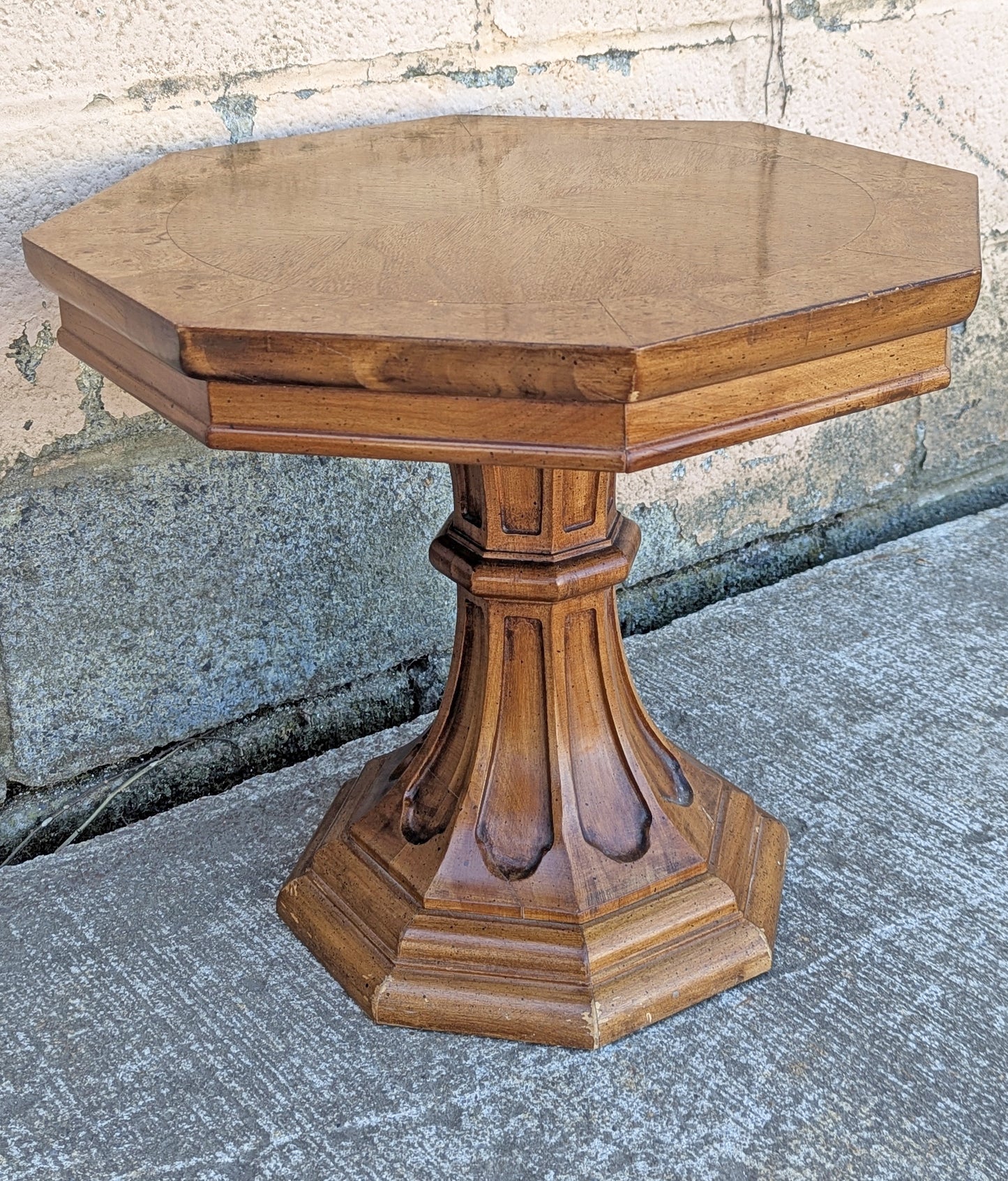 Vintage Antique Old Reclaimed Salvaged Solid Burled Walnut Wood Wooden Octagon Octagonal Pedestal Lamp End Side Accent Table Plant Stand