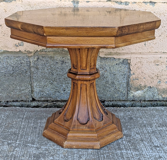 Vintage Antique Old Reclaimed Salvaged Solid Burled Walnut Wood Wooden Octagon Octagonal Pedestal Lamp End Side Accent Table Plant Stand