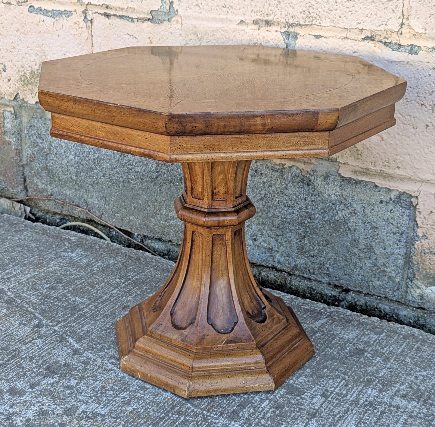 Vintage Antique Old Reclaimed Salvaged Solid Burled Walnut Wood Wooden Octagon Octagonal Pedestal Lamp End Side Accent Table Plant Stand