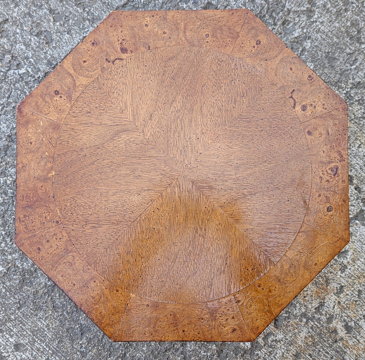 Vintage Antique Old Reclaimed Salvaged Solid Burled Walnut Wood Wooden Octagon Octagonal Pedestal Lamp End Side Accent Table Plant Stand