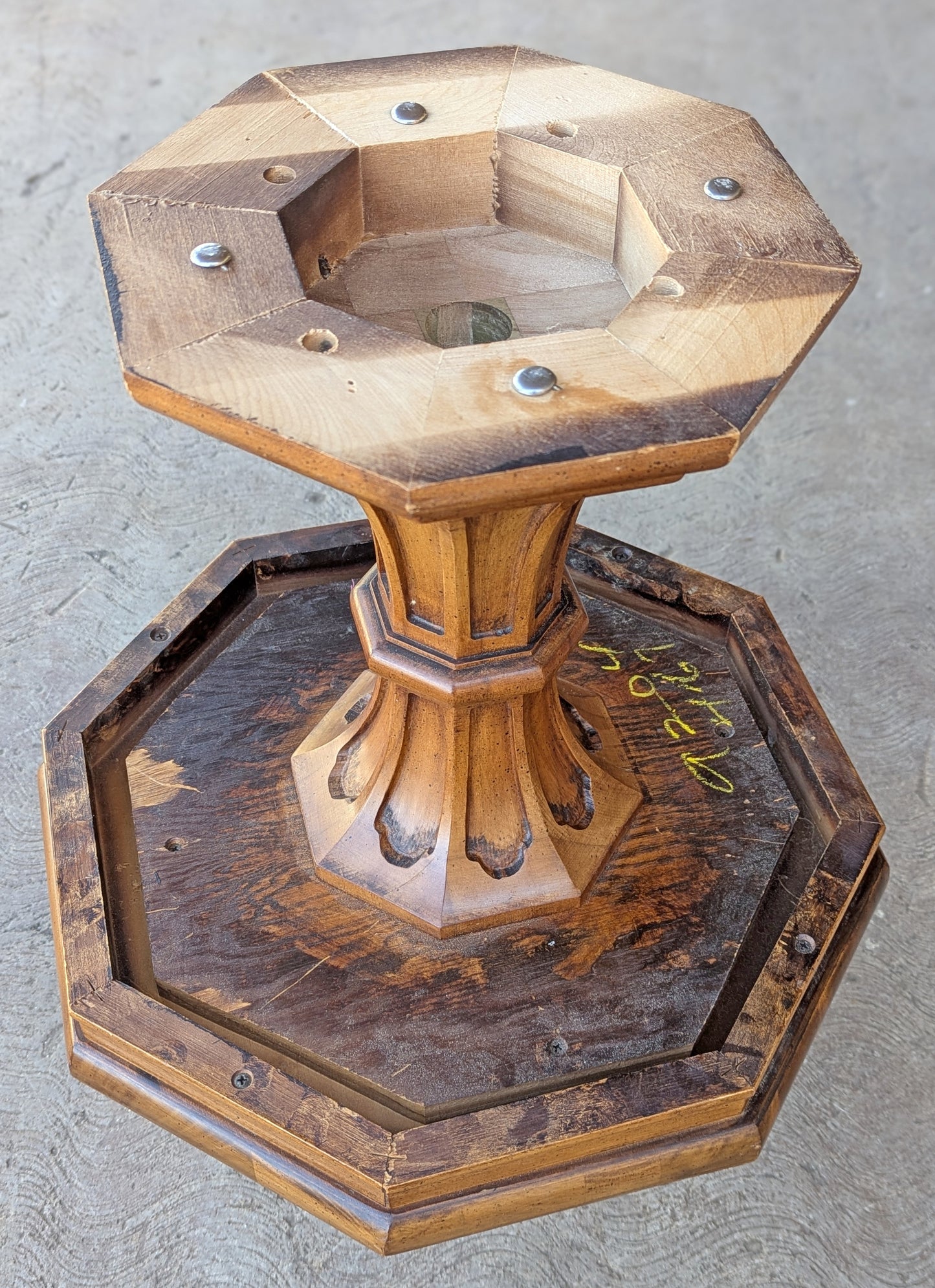 Vintage Antique Old Reclaimed Salvaged Solid Burled Walnut Wood Wooden Octagon Octagonal Pedestal Lamp End Side Accent Table Plant Stand