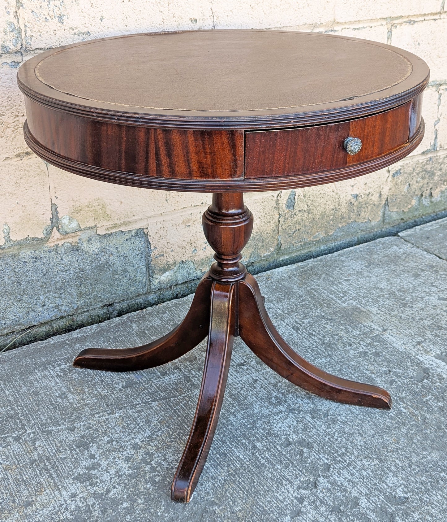 28" Diameter Antique Vintage Old Reclaimed Salvaged Colonial Drum SOLID Mahogany Wood Wooden Leather Top End Side Accent Lamp Stand Table