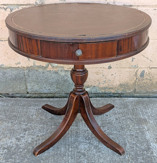 28" Diameter Antique Vintage Old Reclaimed Salvaged Colonial Drum SOLID Mahogany Wood Wooden Leather Top End Side Accent Lamp Stand Table