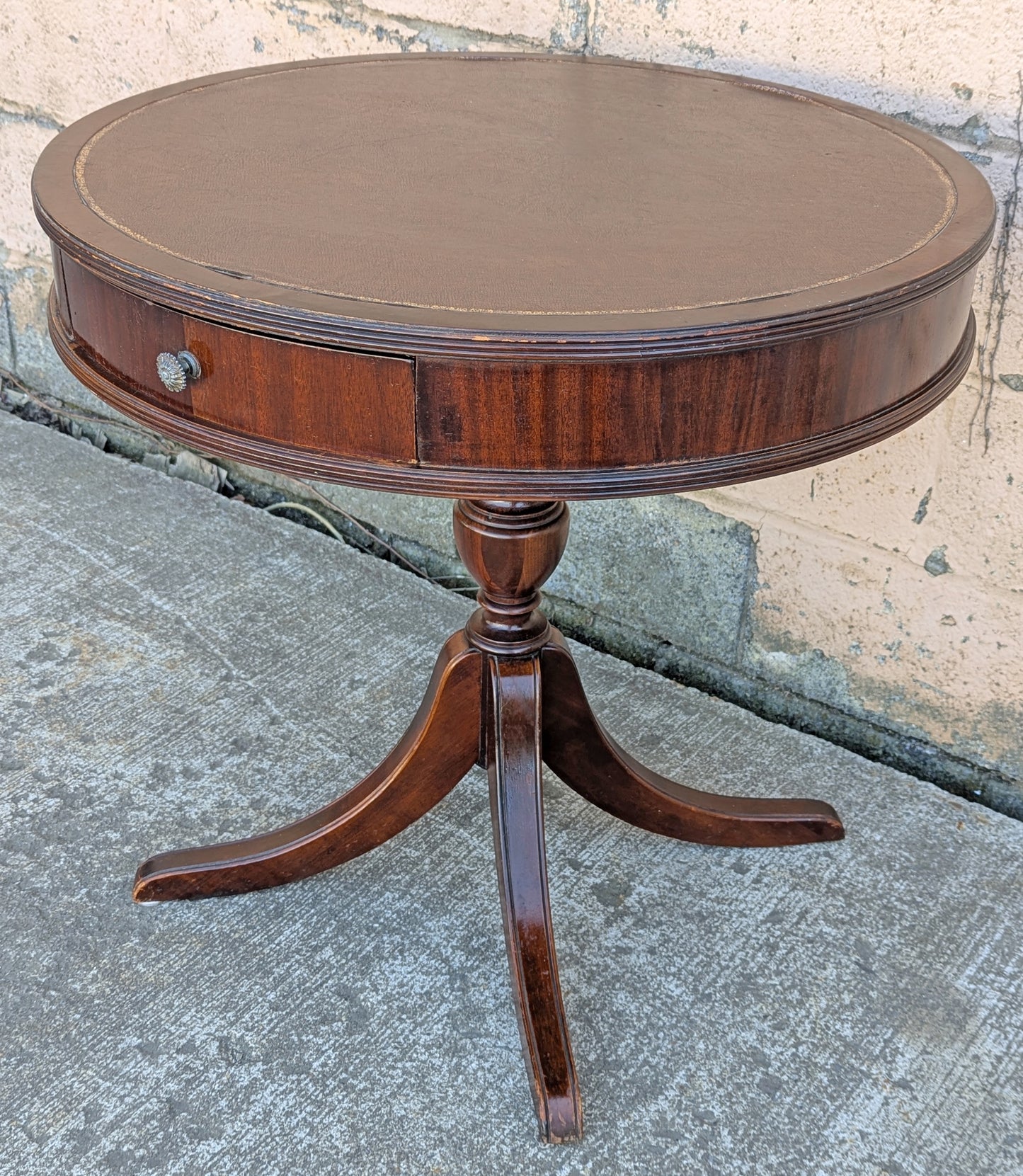 28" Diameter Antique Vintage Old Reclaimed Salvaged Colonial Drum SOLID Mahogany Wood Wooden Leather Top End Side Accent Lamp Stand Table