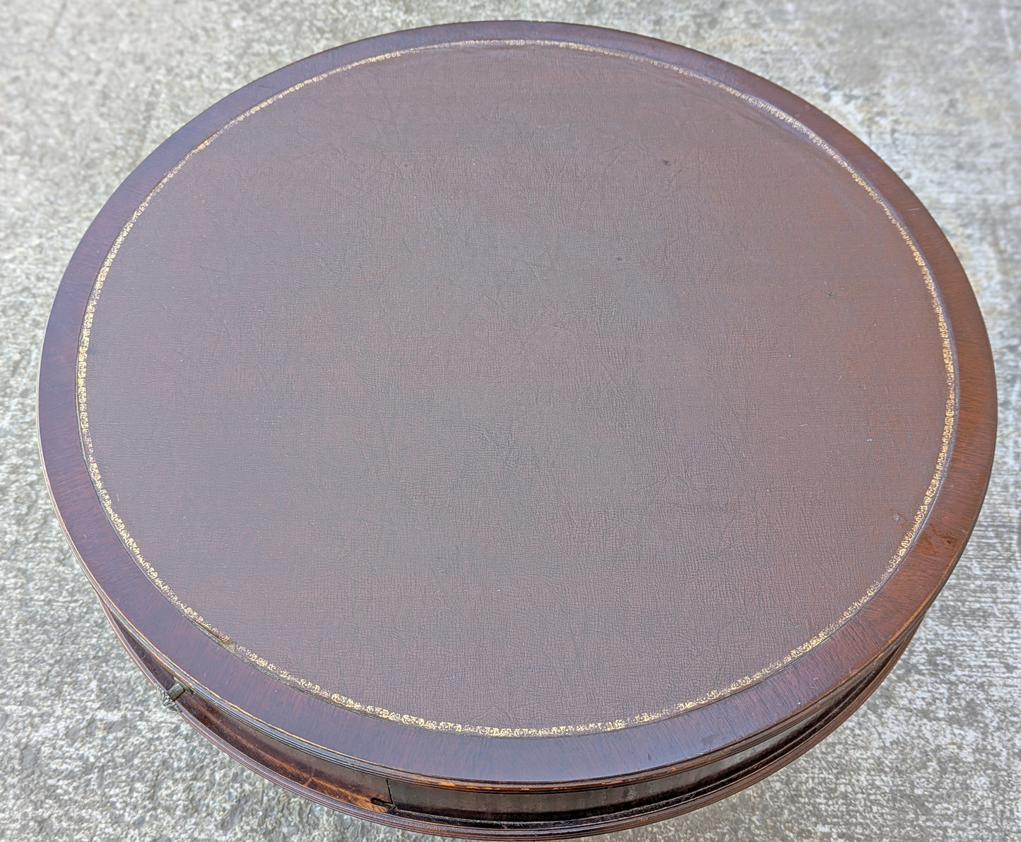 28" Diameter Antique Vintage Old Reclaimed Salvaged Colonial Drum SOLID Mahogany Wood Wooden Leather Top End Side Accent Lamp Stand Table