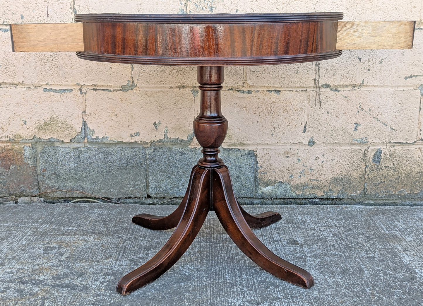 28" Diameter Antique Vintage Old Reclaimed Salvaged Colonial Drum SOLID Mahogany Wood Wooden Leather Top End Side Accent Lamp Stand Table