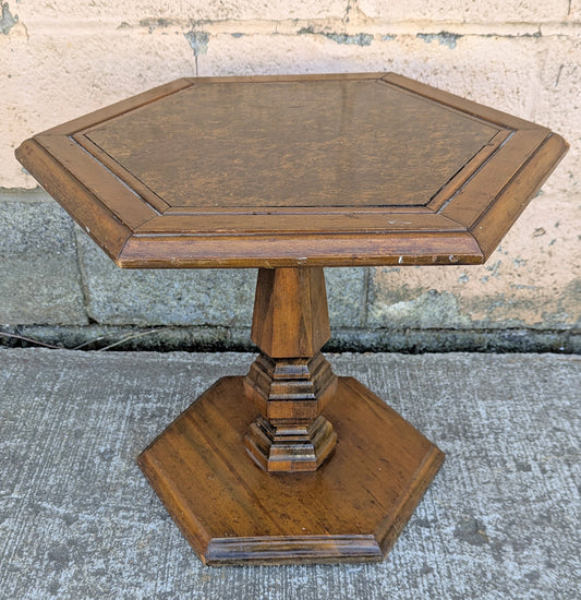 Vintage Antique Old Reclaimed Salvaged Mersman Solid Wood Wooden Hexagon Hexagonal Pedestal Lamp End Side Accent Table Plant Stand