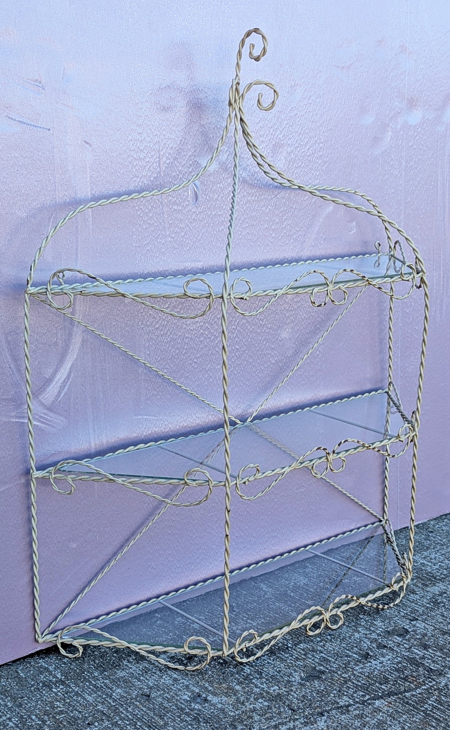 Vintage Old Reclaimed Salvaged Regency Distressed Trapezoid Metal Wire Glass Wall Mounted Kitchen Room Shelf Shelves Hanging
