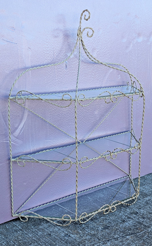 Vintage Old Reclaimed Salvaged Regency Distressed Trapezoid Metal Wire Glass Wall Mounted Kitchen Room Shelf Shelves Hanging