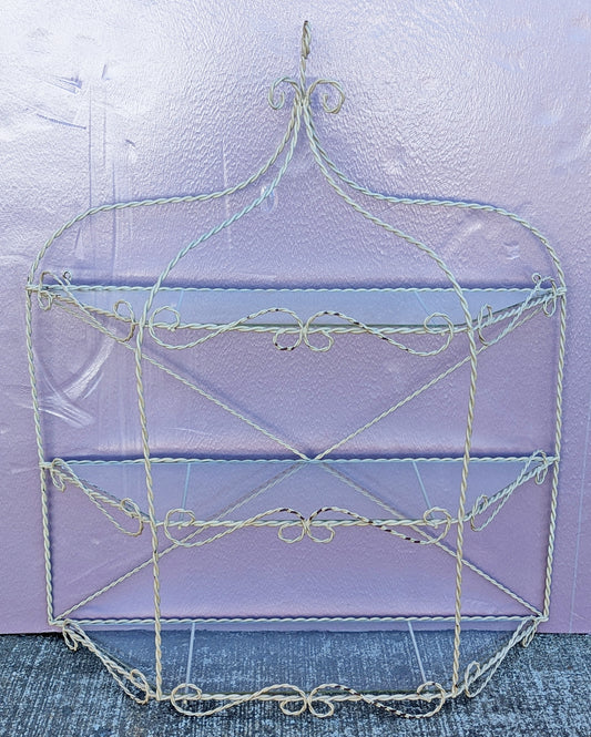 Vintage Old Reclaimed Salvaged Regency Distressed Trapezoid Metal Wire Glass Wall Mounted Kitchen Room Shelf Shelves Hanging