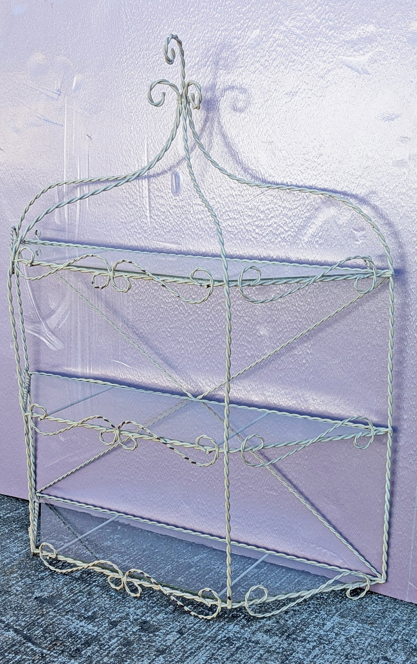 Vintage Old Reclaimed Salvaged Regency Distressed Trapezoid Metal Wire Glass Wall Mounted Kitchen Room Shelf Shelves Hanging