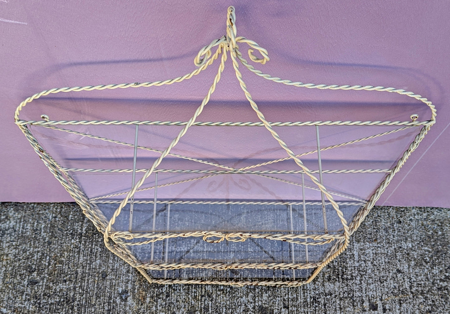 Vintage Old Reclaimed Salvaged Regency Distressed Trapezoid Metal Wire Glass Wall Mounted Kitchen Room Shelf Shelves Hanging