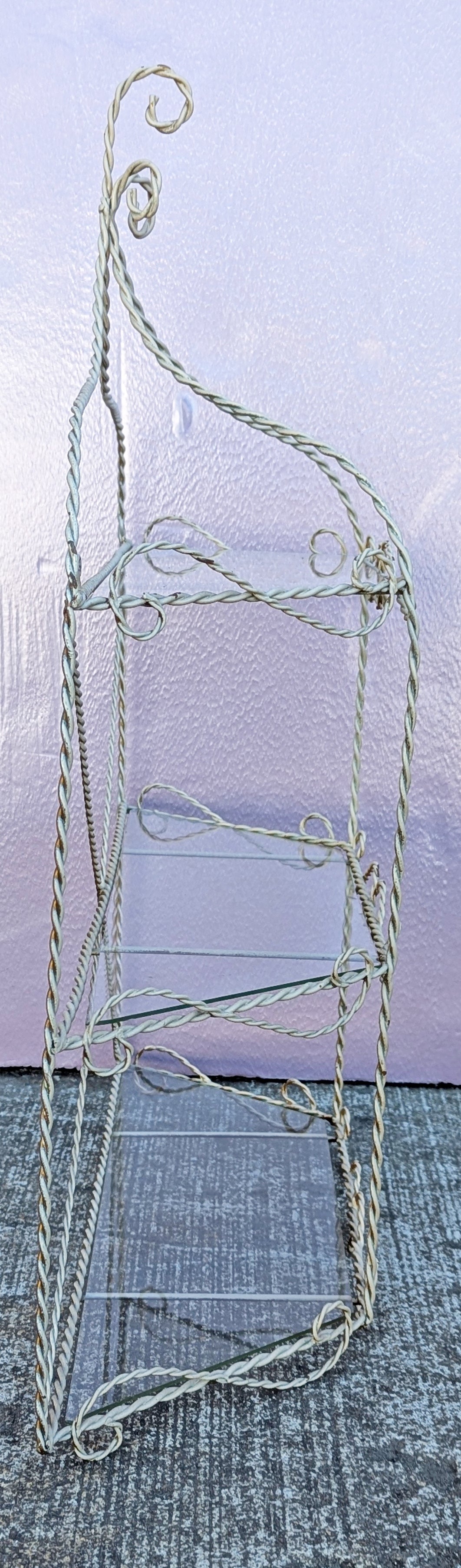 Vintage Old Reclaimed Salvaged Regency Distressed Trapezoid Metal Wire Glass Wall Mounted Kitchen Room Shelf Shelves Hanging