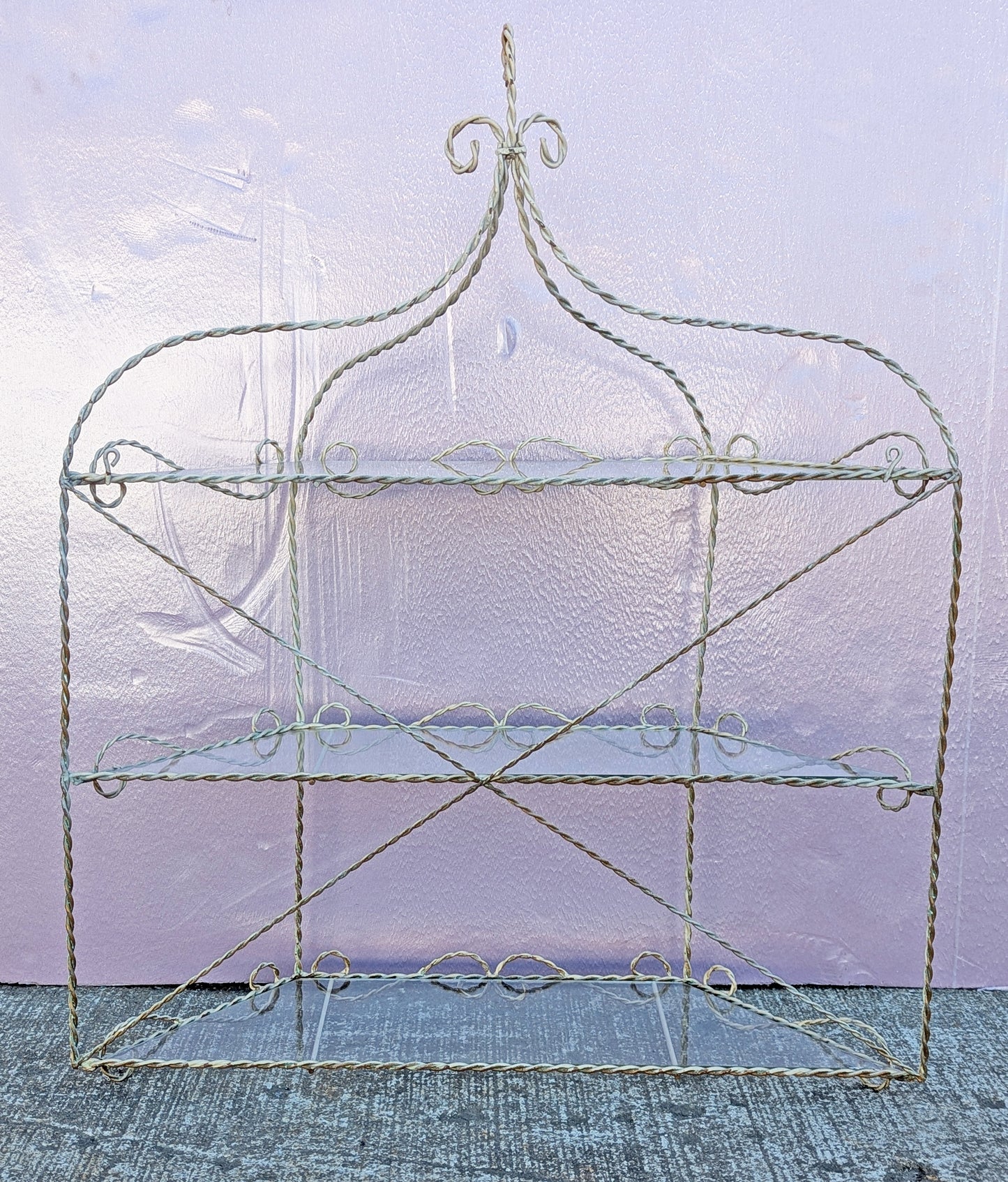 Vintage Old Reclaimed Salvaged Regency Distressed Trapezoid Metal Wire Glass Wall Mounted Kitchen Room Shelf Shelves Hanging